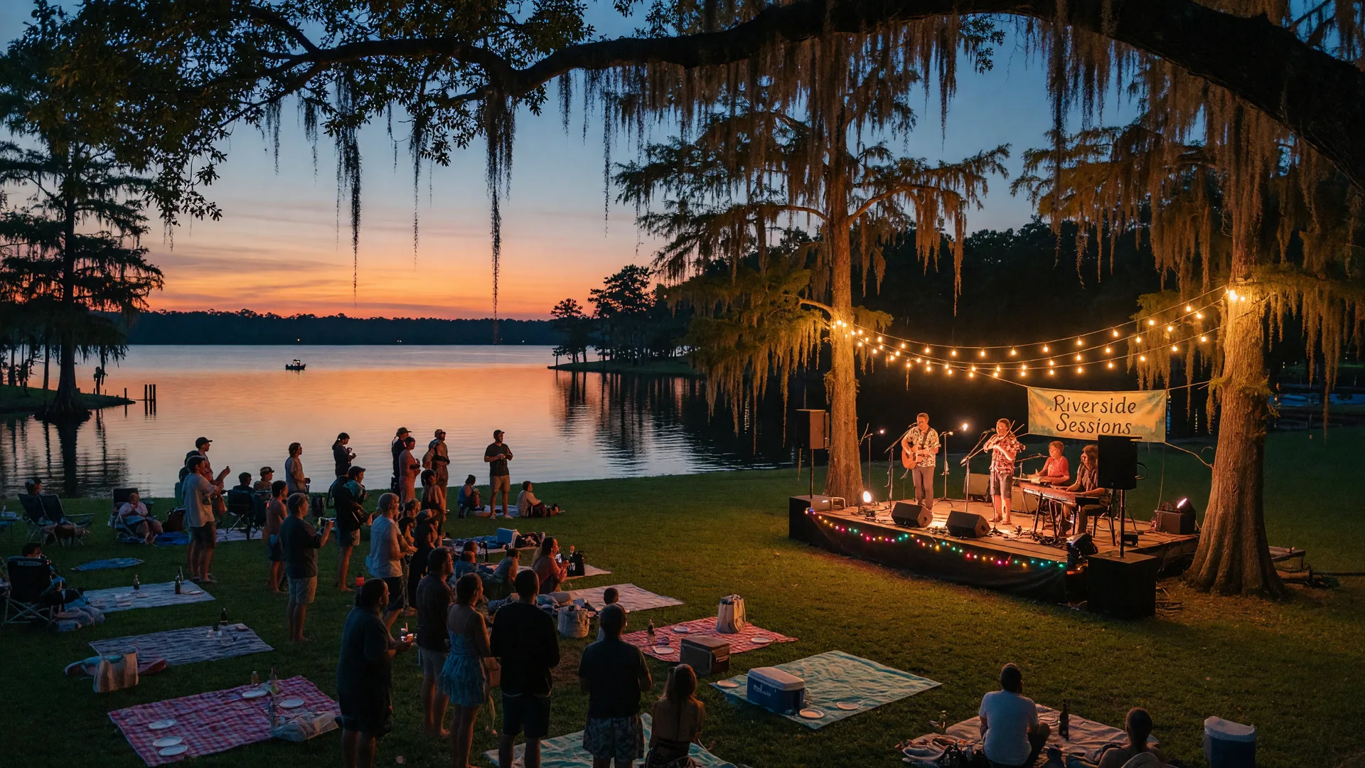 An outdoor live music festival on a Central Florida lakeside lawn at dusk, string lights glowing over a small band stage and a relaxed crowd on picnic blankets