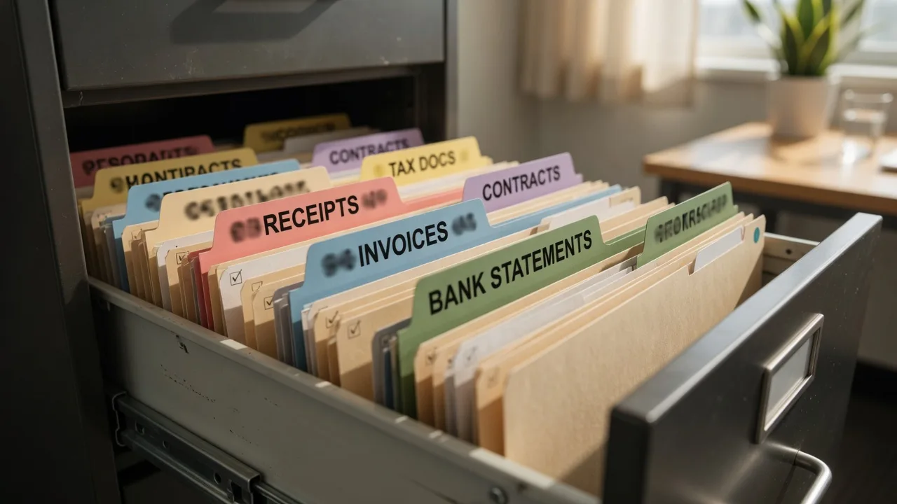 Organized file folders for receipts, invoices, and bank statements