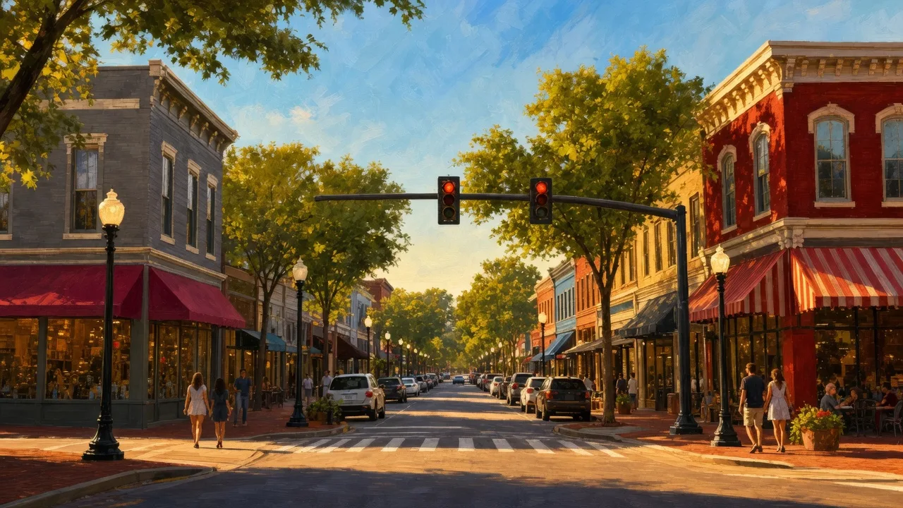Charming downtown Apex NC main street with historic brick storefronts and parallel parking