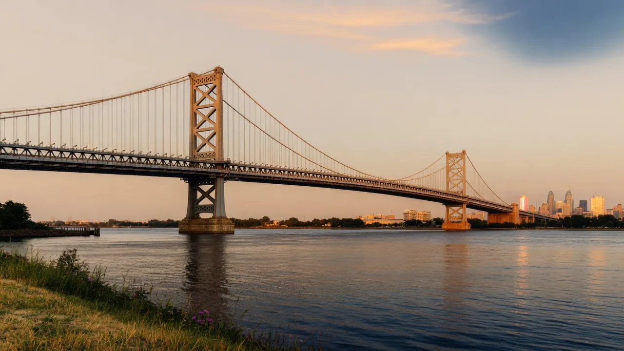 A suspension bridge spanning the Delaware River at golden hour, connecting New Jersey to Pennsylvania