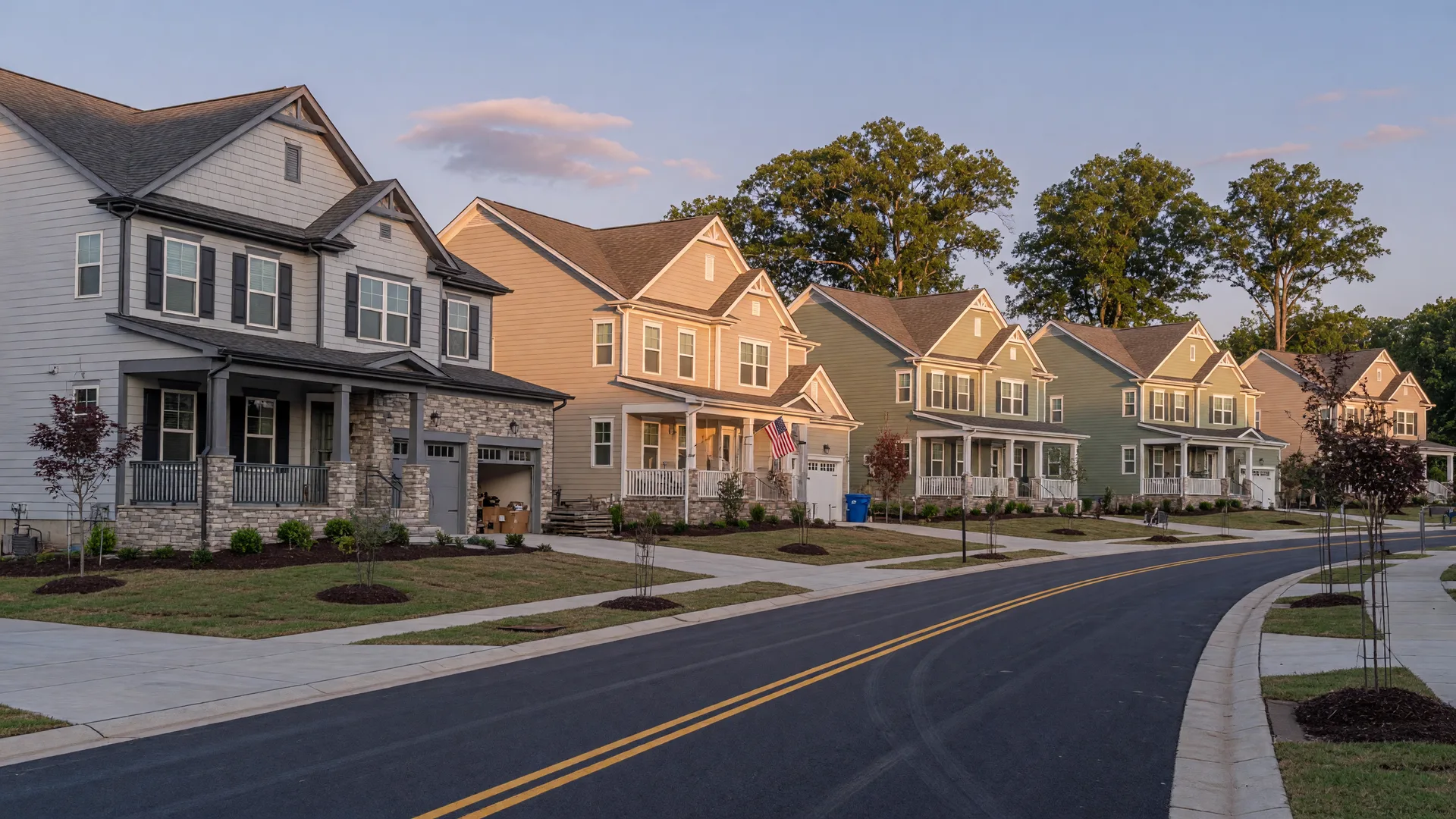 New craftsman and colonial single-family homes on a tree-lined street at golden hour in the Linwood Landing community off Route 3 West in Spotsylvania County, Virginia