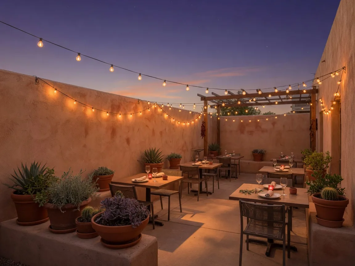 Restaurant patio with warm string lights in downtown Chandler at dusk