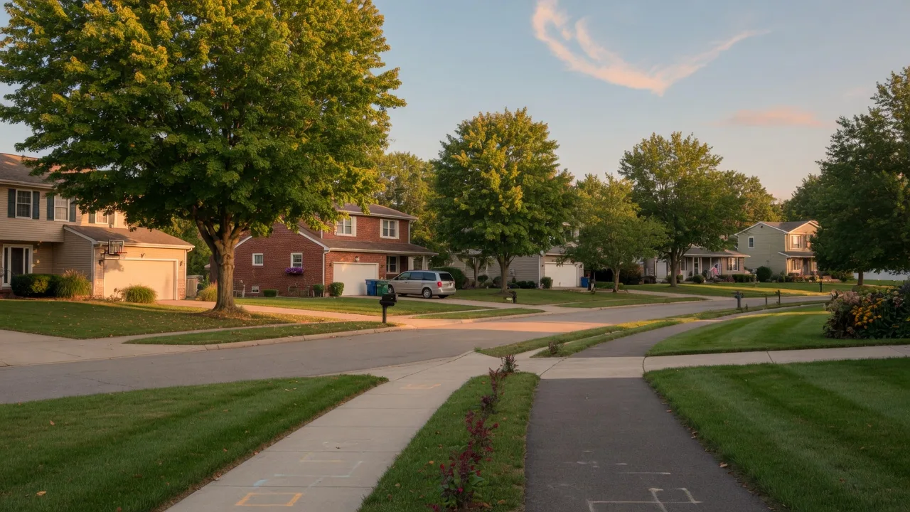 Quiet family-friendly residential street in Broadview Heights with single-family homes and mature trees