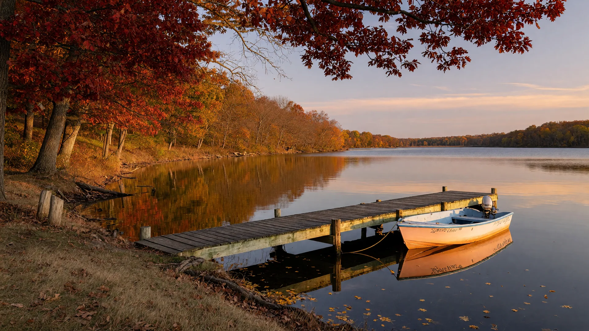A calm inland Michigan lake near Fenton at golden hour in late fall, a dock and runabout at the shore beneath oak and maple trees in autumn color
