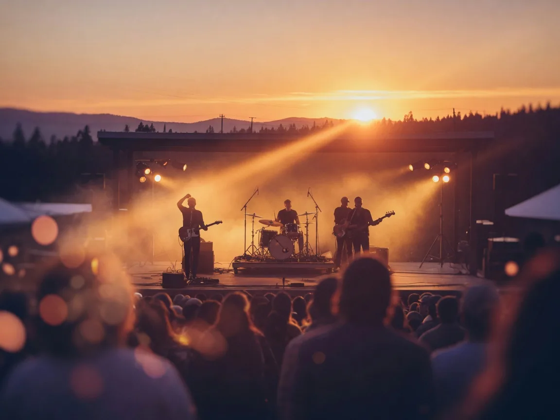 Band silhouetted on an outdoor stage at golden hour in Southern Oregon