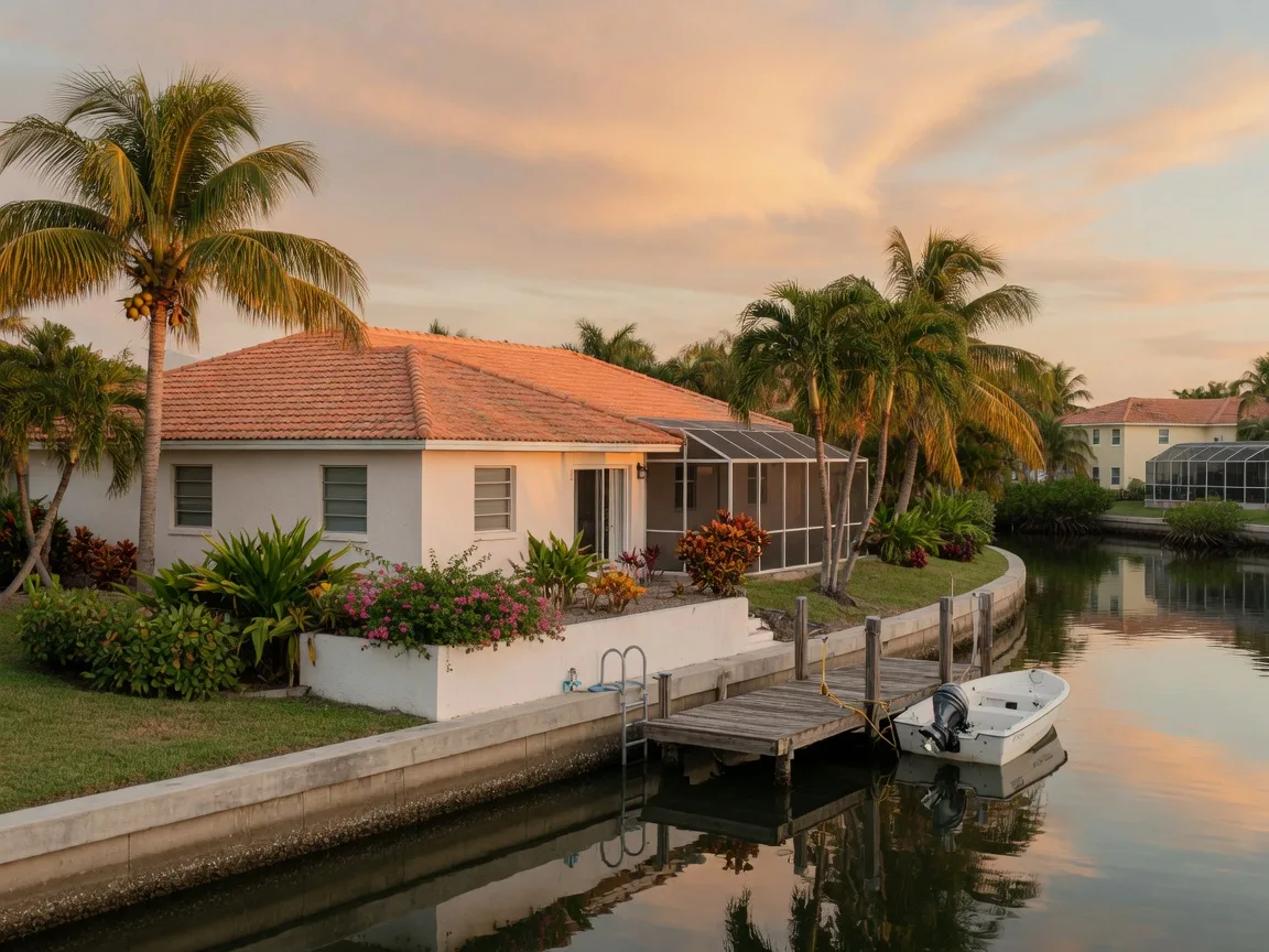 A single-story white stucco Florida home with a tile roof on a calm West Bradenton canal, with a private dock and a small boat at the seawall at golden hour