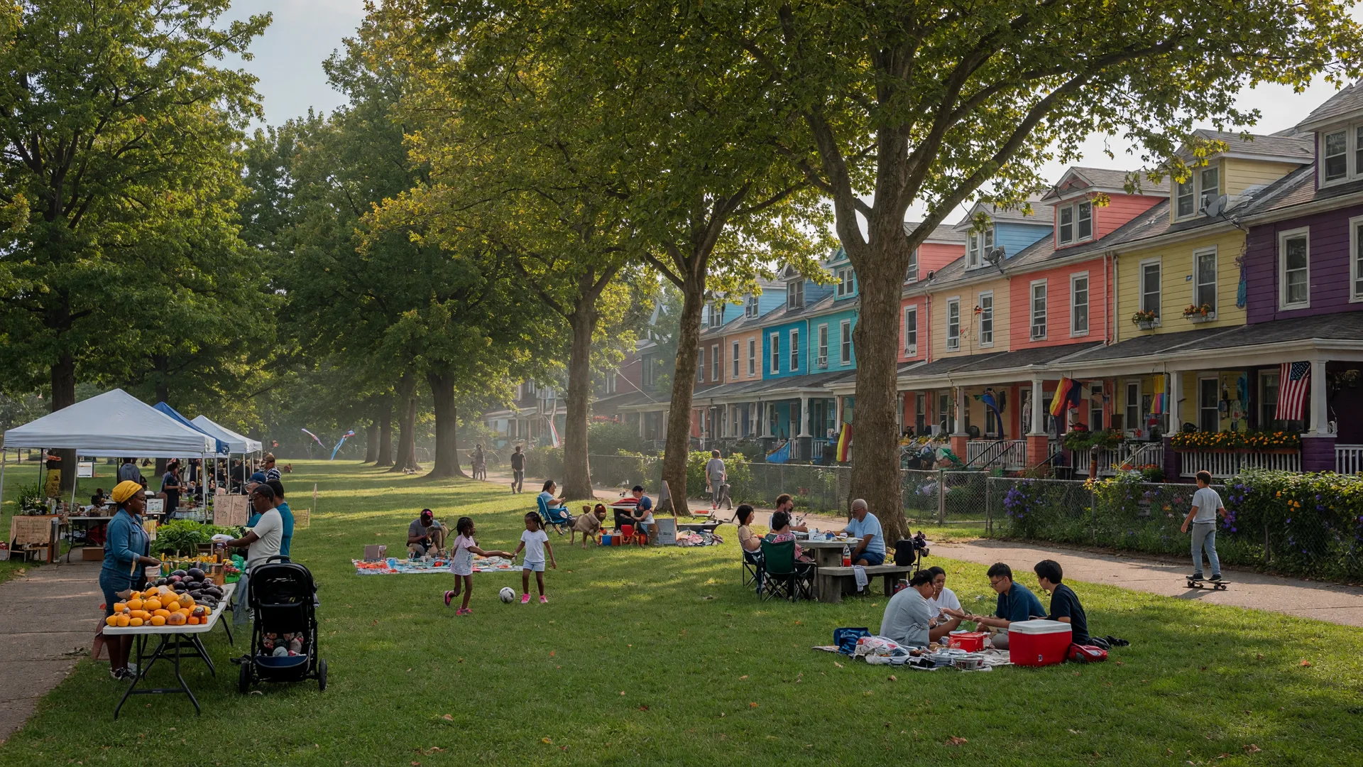 Clark Park with farmers market and community gathering in West Philadelphia