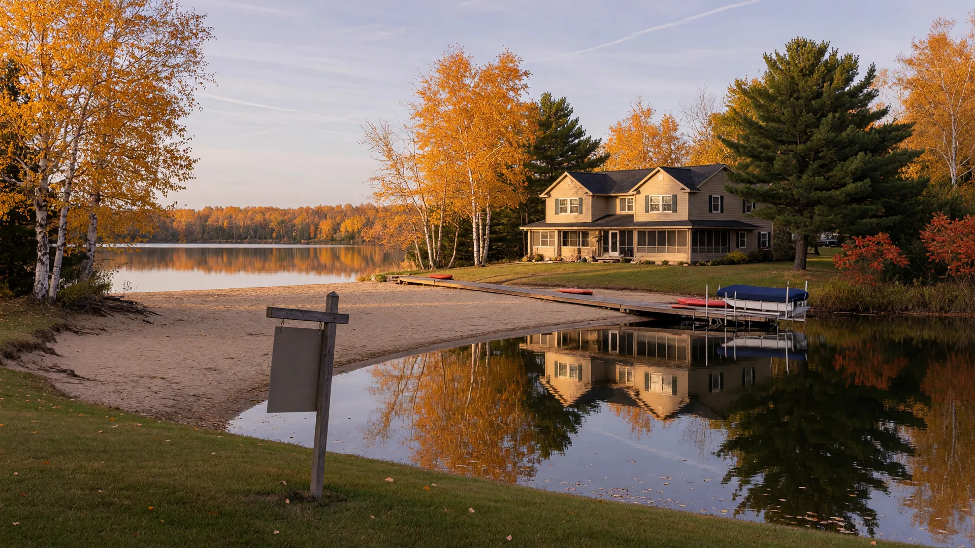 An elegant Minnesota lake home on an autumn shoreline with a long dock, a boat lift, and a plain wooden for-sale sign stake on the lawn, seen across the water