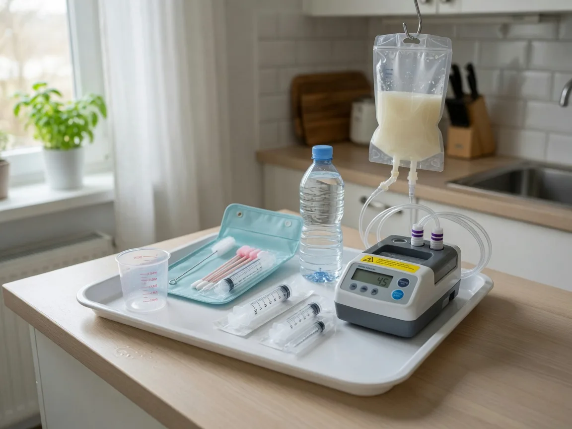 An enteral feeding station with a portable feeding pump, tubing, formula bag, sterile water, syringes, and a feeding tube care kit on a white tray