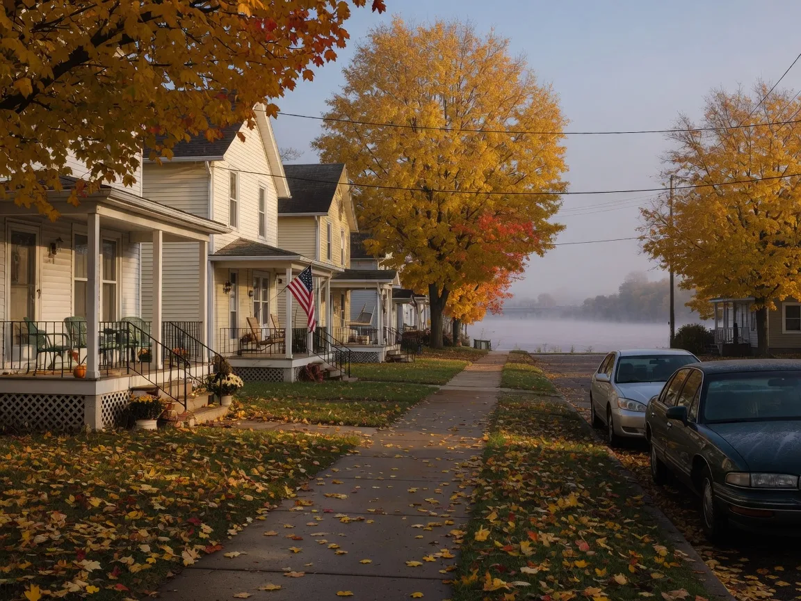 An autumn morning on a tree-lined Peoria street, gold and amber maples, older porched homes, and warm low sunlight with the Illinois River haze in the distance