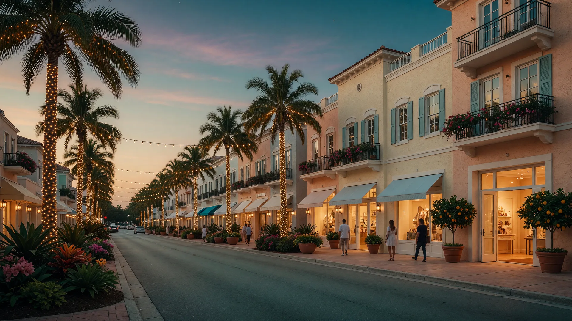 Downtown Naples avenue at dusk with palm trees wrapped in warm string lights and Mediterranean storefronts