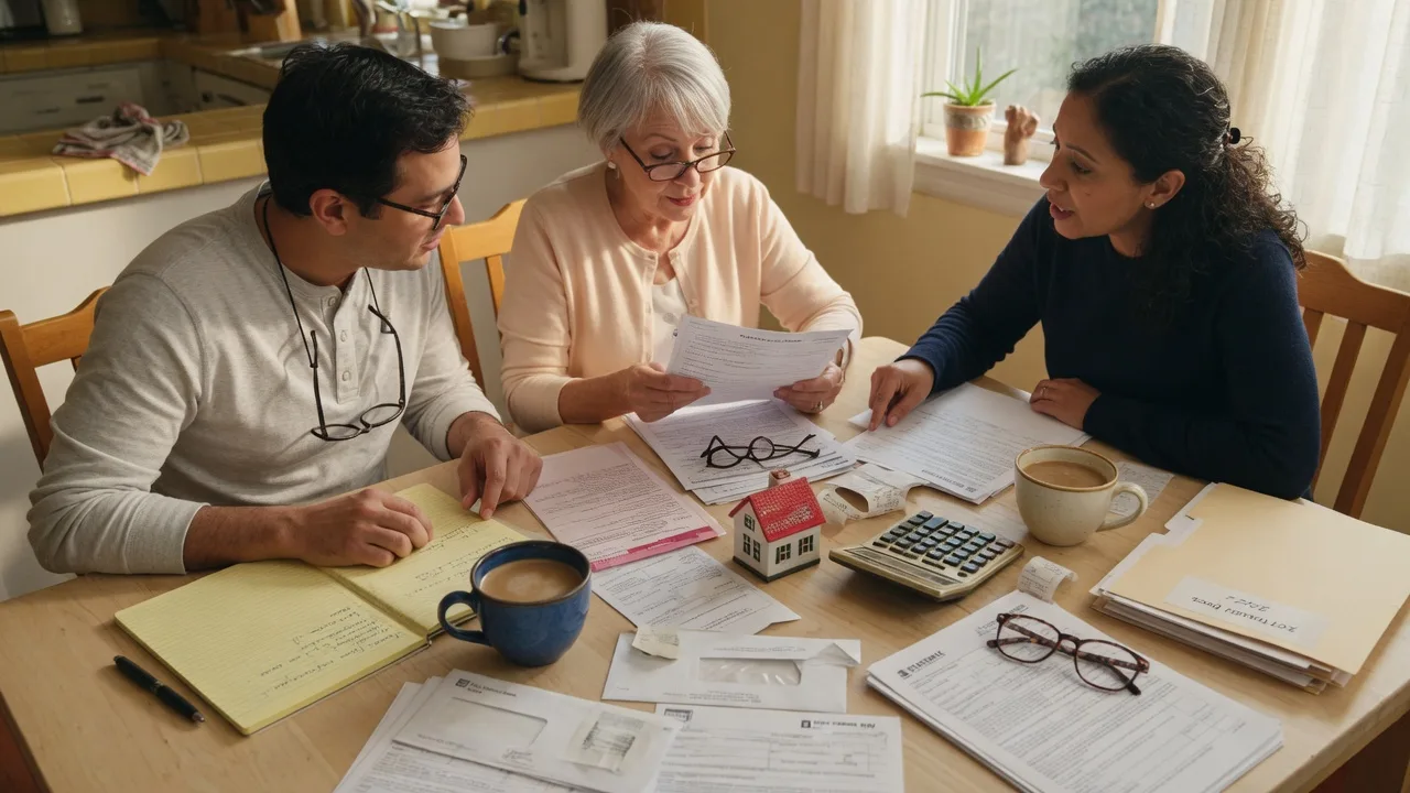 A sunlit kitchen table with mortgage statements, a brass calculator, reading glasses, a ceramic model house, a handwritten notebook, and two steaming mugs of coffee, the setting where adult children and parents talk through qualifying for a reverse mortgage