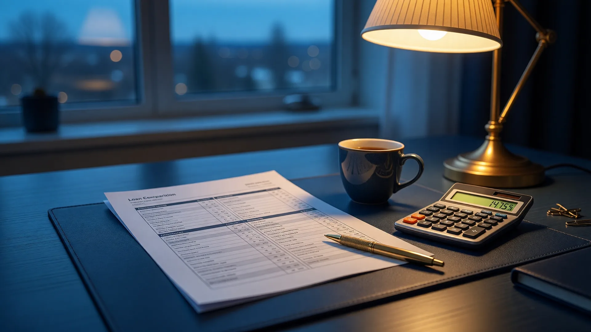 A two-column loan comparison document with a calculator and brass pen on a navy desk at blue hour