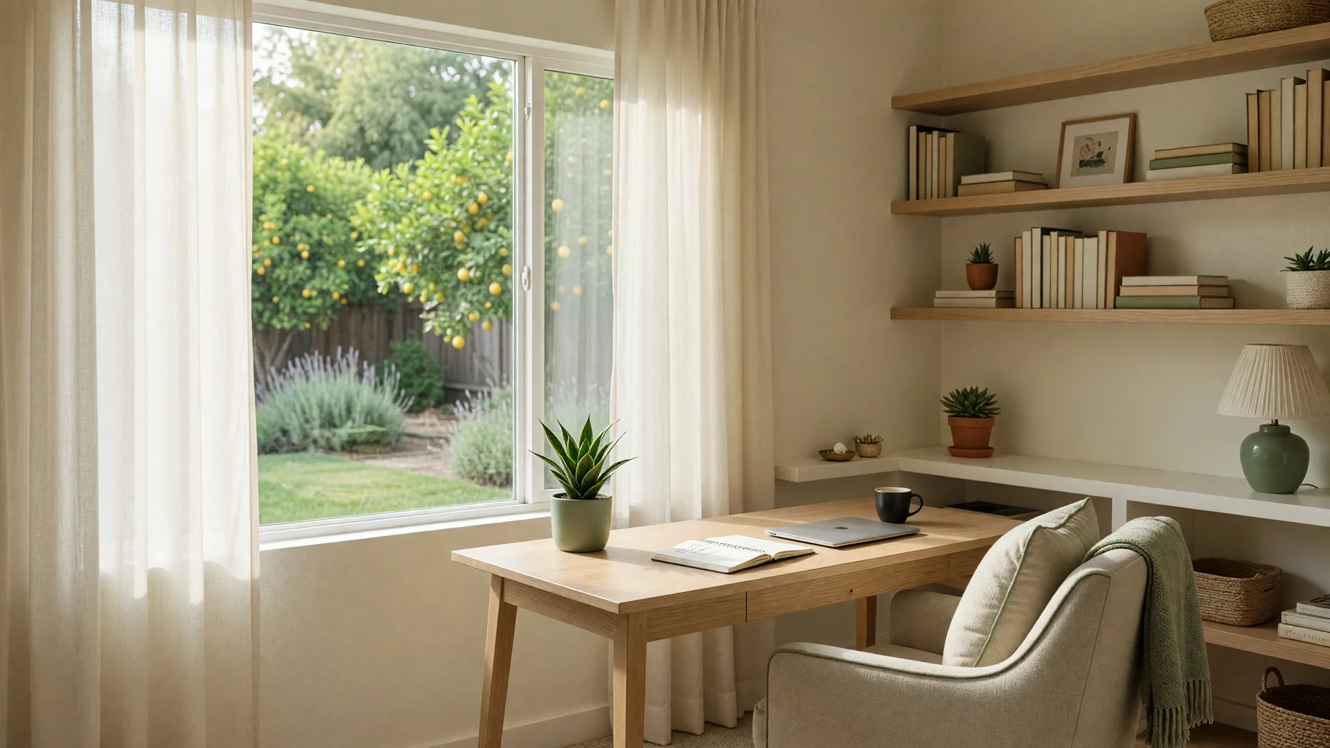 Bright home office with a light wood desk beside a sunny window in a modern Northern California home