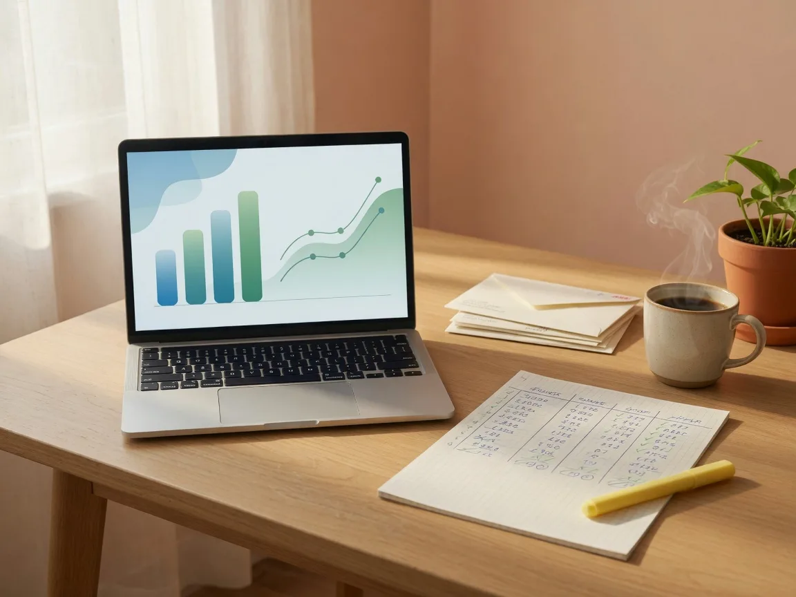A sunlit home office desk with a laptop showing a soft blue and green finance dashboard, a paper budget worksheet, envelopes, and a coffee mug, representing a family consolidating debt with home equity