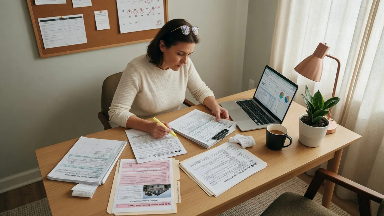 Tax professional reviewing property tax deduction documents in a home office