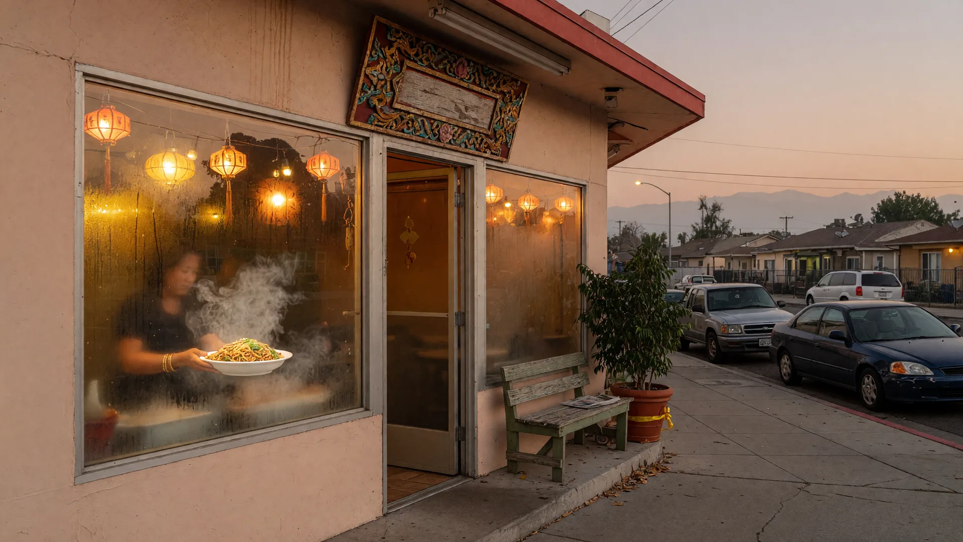 The storefront of Sam Cafe, Merced's first Thai restaurant, on West 12th Street in South Merced at early evening, warm lantern light glowing from the window and steam rising from a serving dish