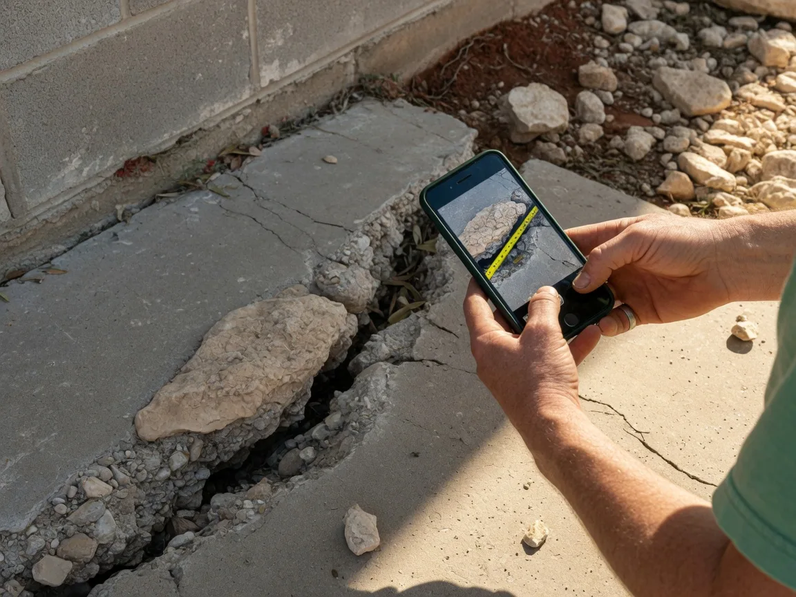 A homeowner photographing foundation cracks with a smartphone to document condition issues for a property tax protest