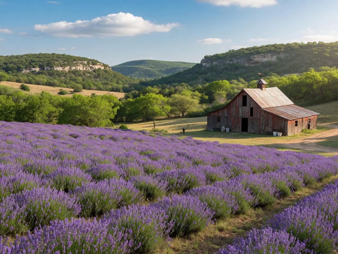 Blooming purple lavender field in the Texas Hill Country with rolling green hills and a rustic barn in the background under a clear blue sky