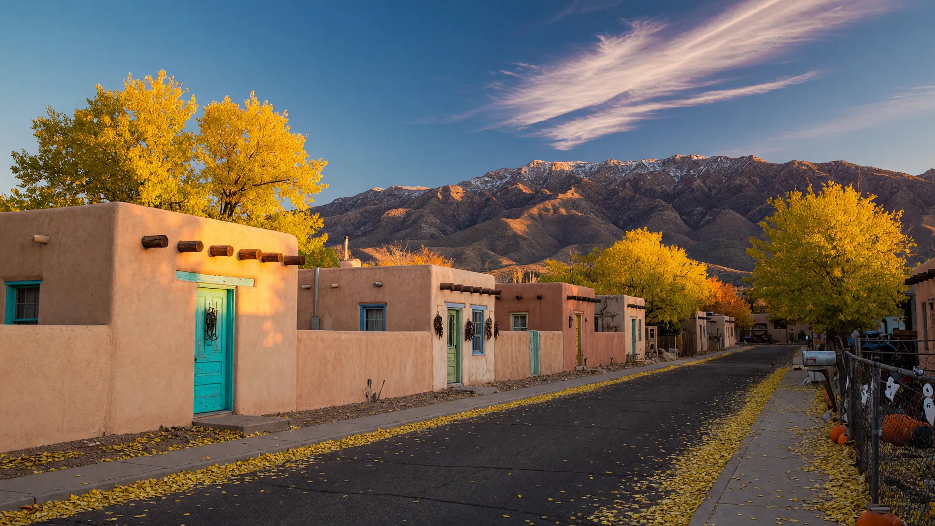 Golden cottonwoods lining an Albuquerque adobe-style street in late October, warm autumn light on stucco homes with vigas, and snow-dusted Sandia Mountains rising behind