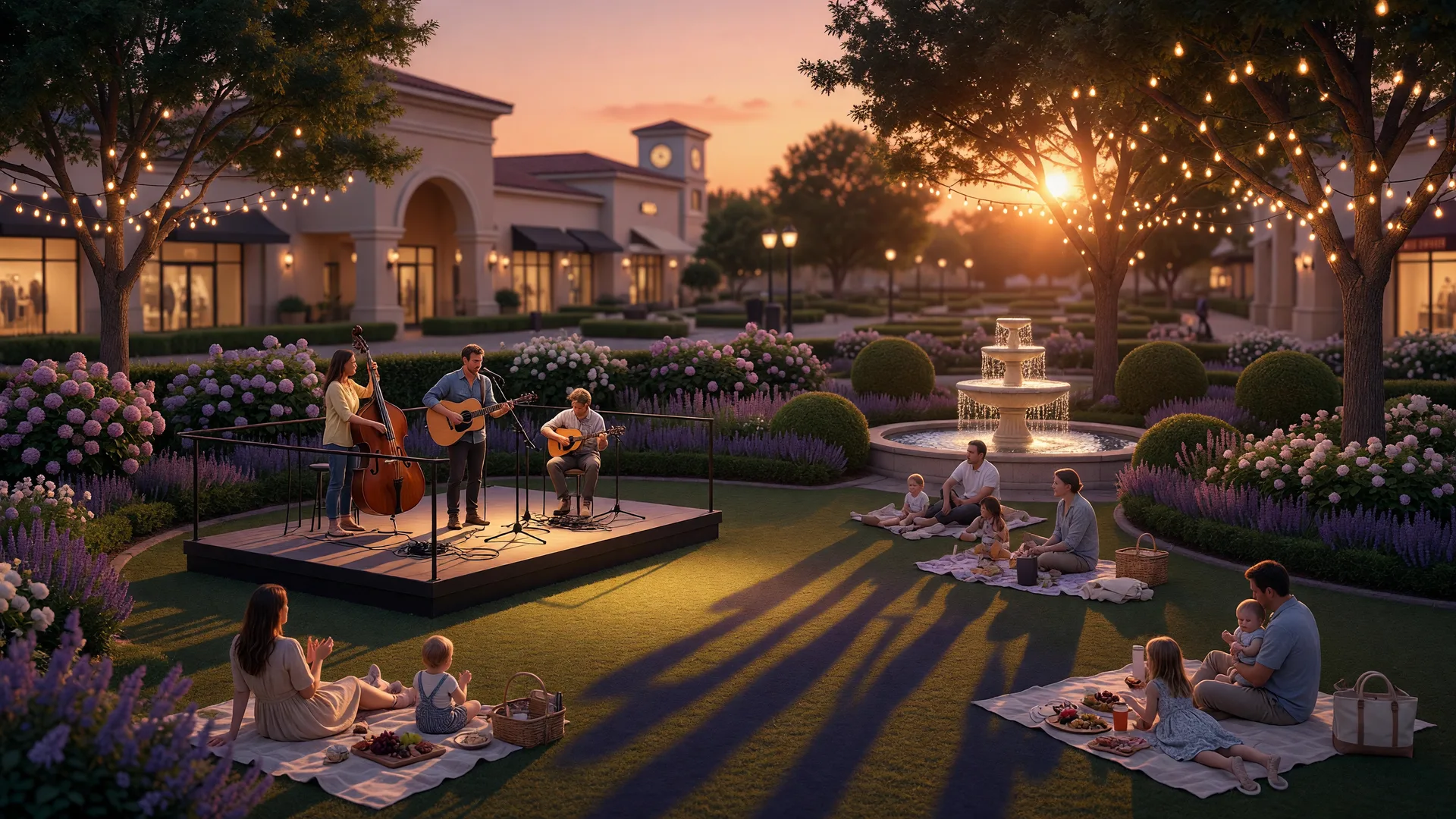Families gathered on blankets on a landscaped lawn with an acoustic duo performing on a small stage and string lights in the trees at sunset