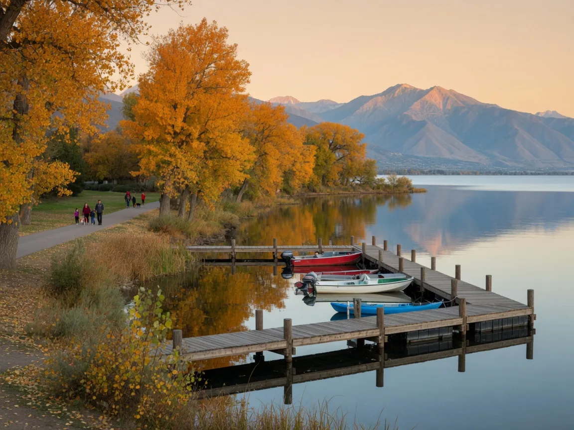 The shoreline of Utah Lake at the Saratoga Springs marina in early fall, with golden cottonwoods, a wooden pier, and the Wasatch Mountains in the distance