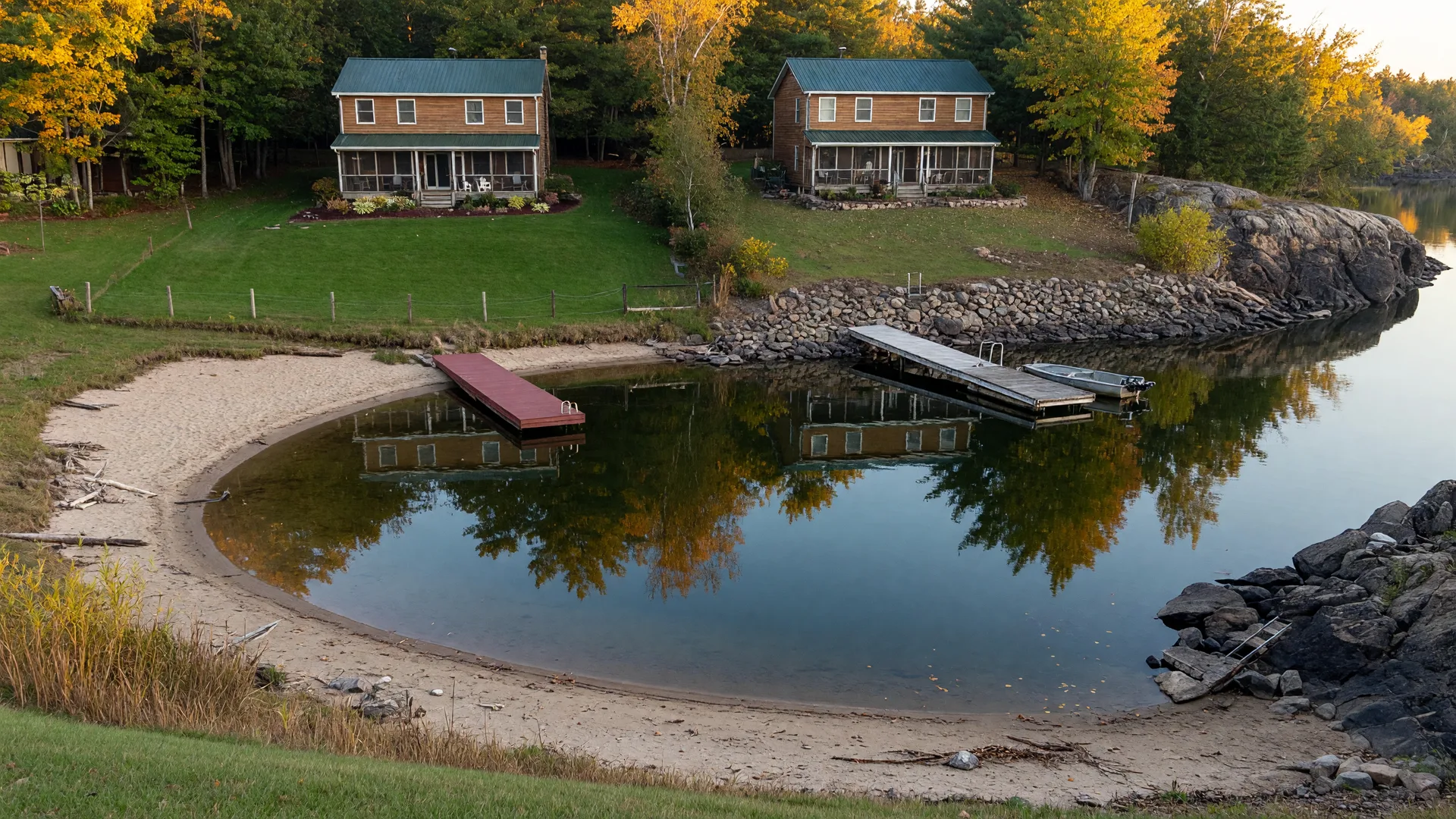 Two similar lake homes on neighboring shoreline lots with docks, showing how lot and shoreline drive value