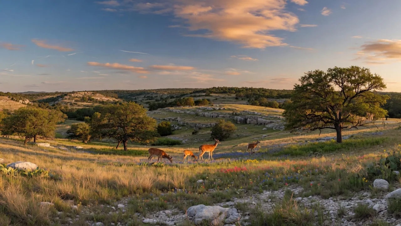 Texas Hill Country landscape at golden hour with white-tailed deer grazing among native grasses, live oak trees, and rolling limestone hills