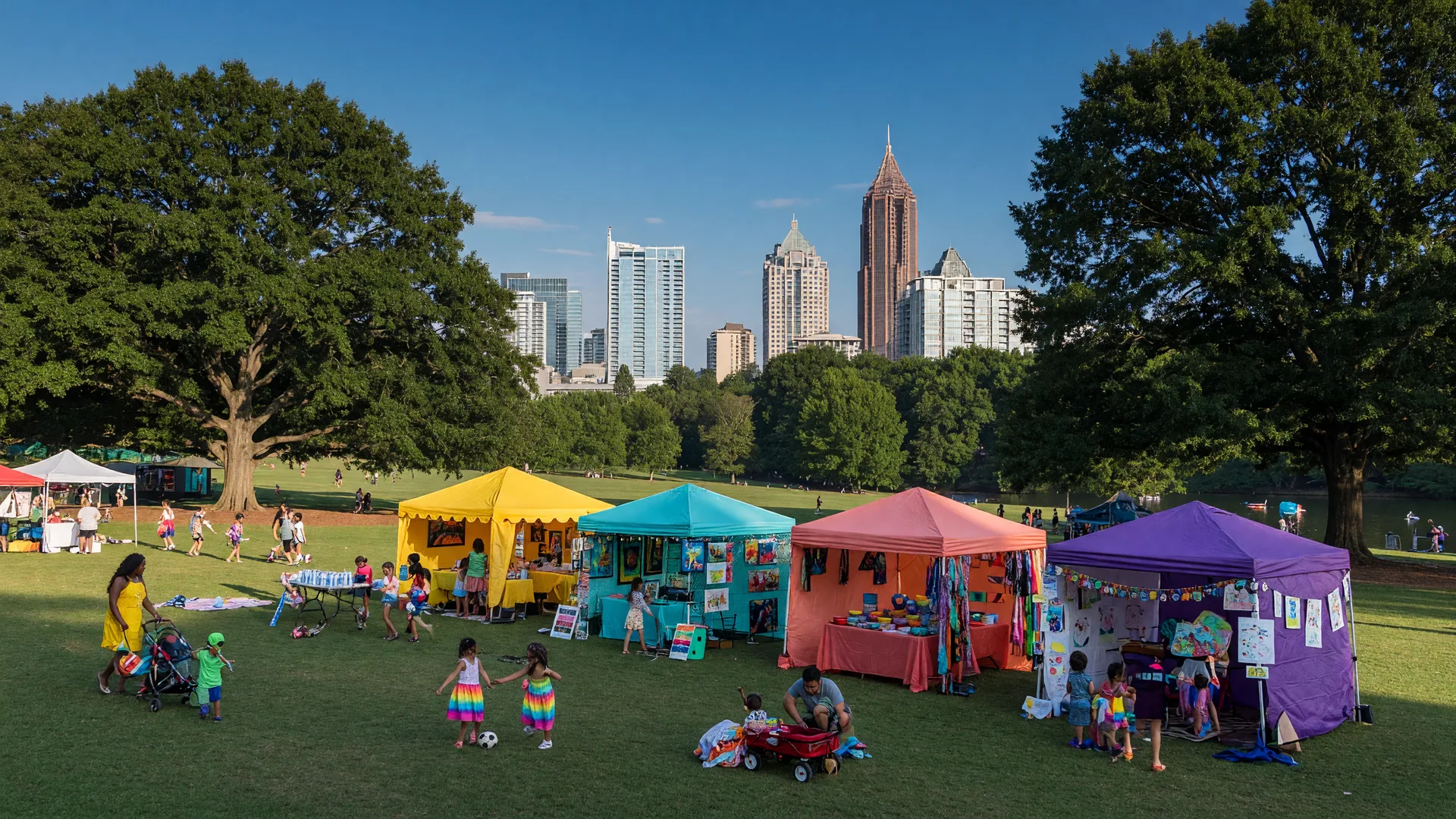 Piedmont Park in Midtown Atlanta on a sunny summer afternoon with festival tents, the Midtown skyline in the background, and families enjoying the day