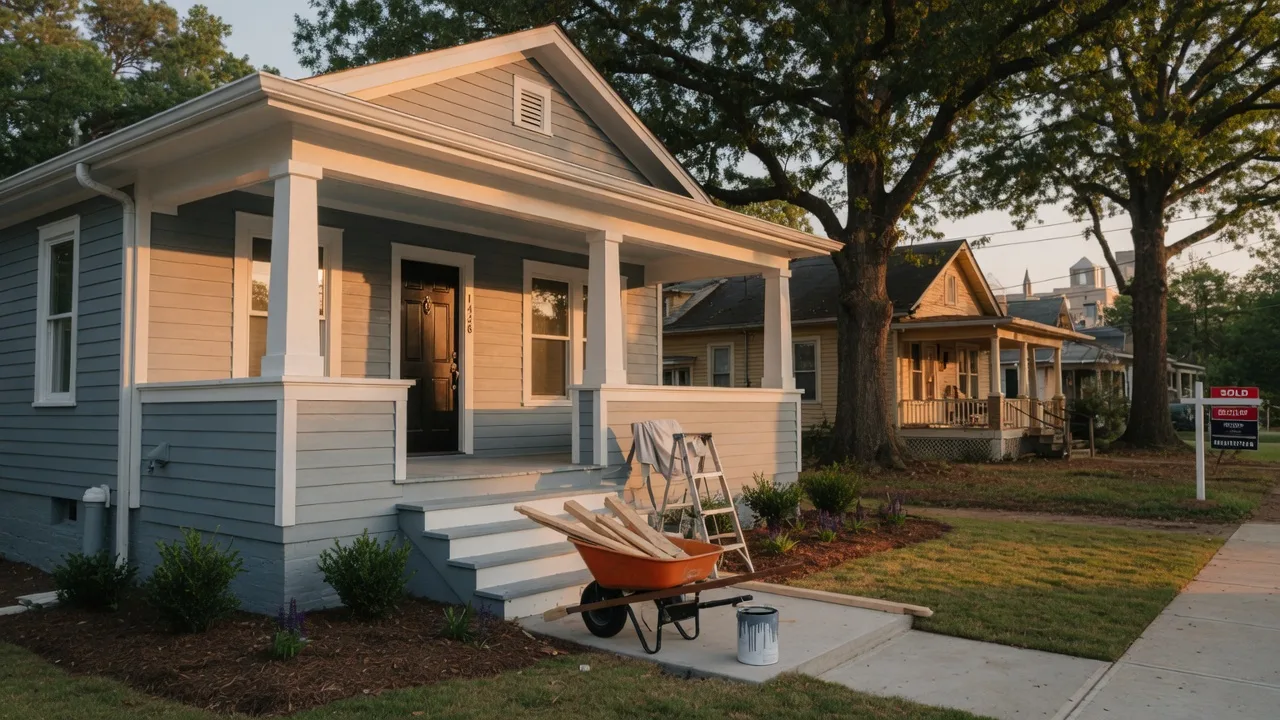 A freshly renovated gray-blue Craftsman bungalow with white trim and a covered porch at golden hour, a wheelbarrow of lumber, a paint can, and a ladder on the front walk representing the buy, rehab, rent, refinance, repeat cycle in an Atlanta intown neighborhood