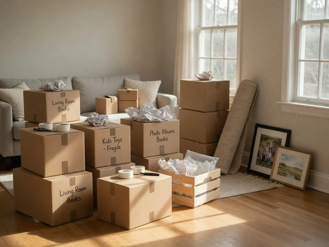 Neatly packed moving boxes in a bright living room