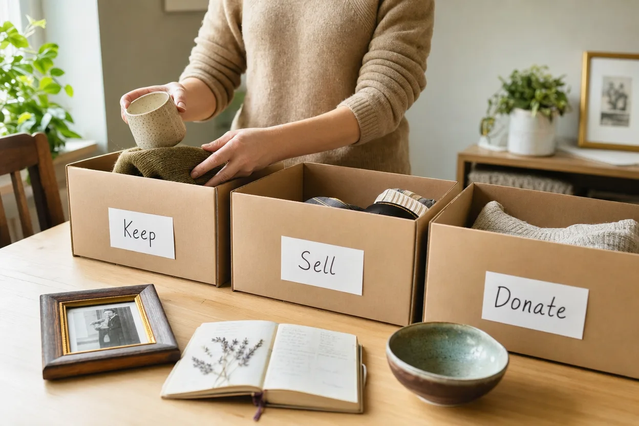 Clean and organized system of labeled boxes for sorting inherited belongings, with categories for keep, sell, donate, and discard arranged in an orderly row