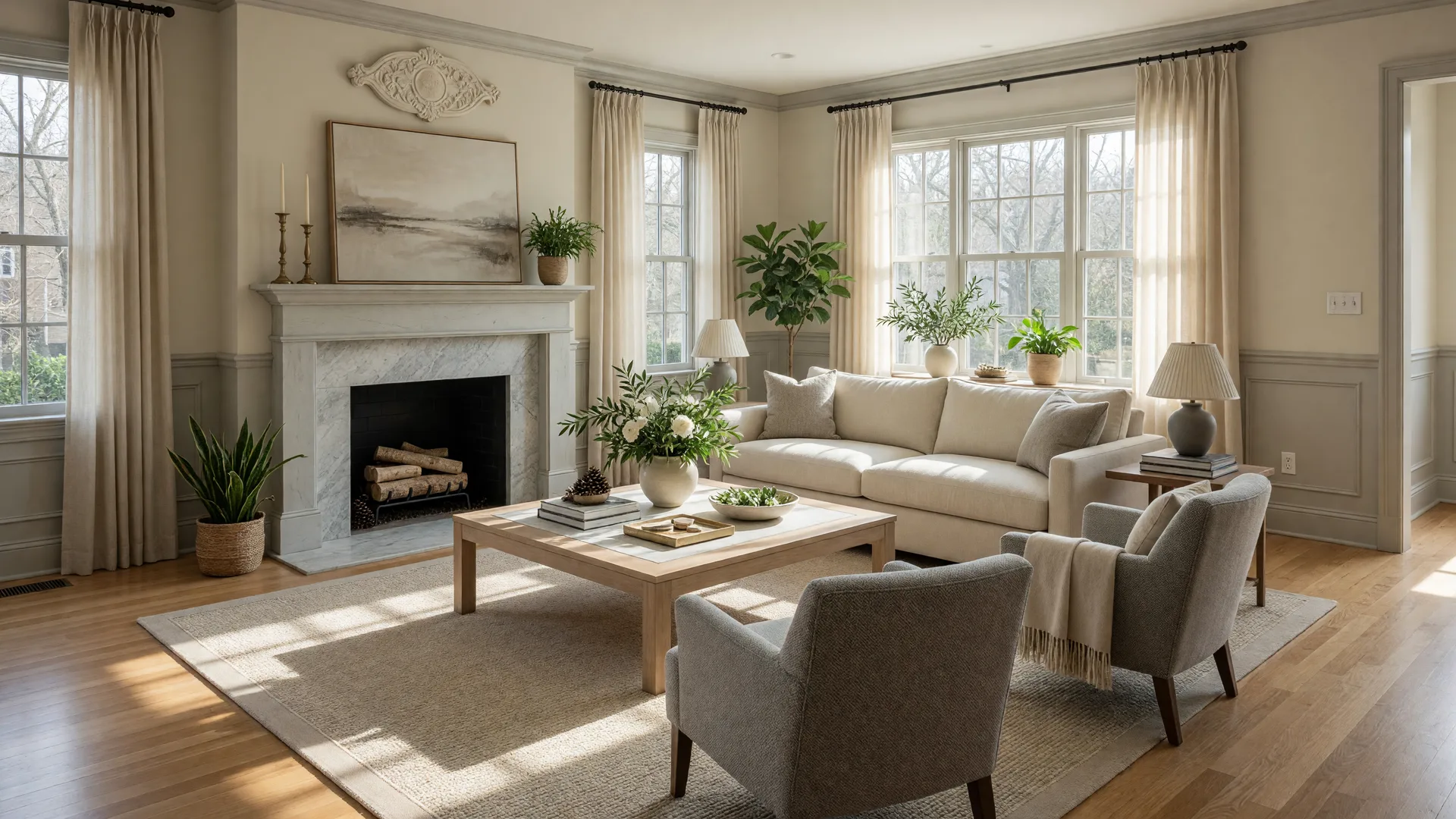 Professionally staged living room with elegant neutral decor and natural light