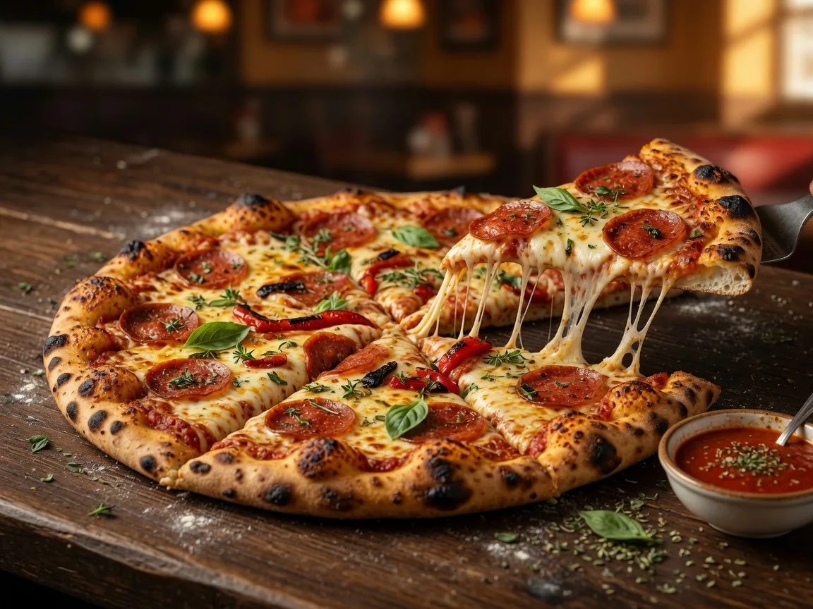 A freshly baked artisan pizza with melted mozzarella, pepperoni and herbs on a dark wooden counter, with a cut slice showing a bubbling cheese pull, at Pizza Pino in Ajax