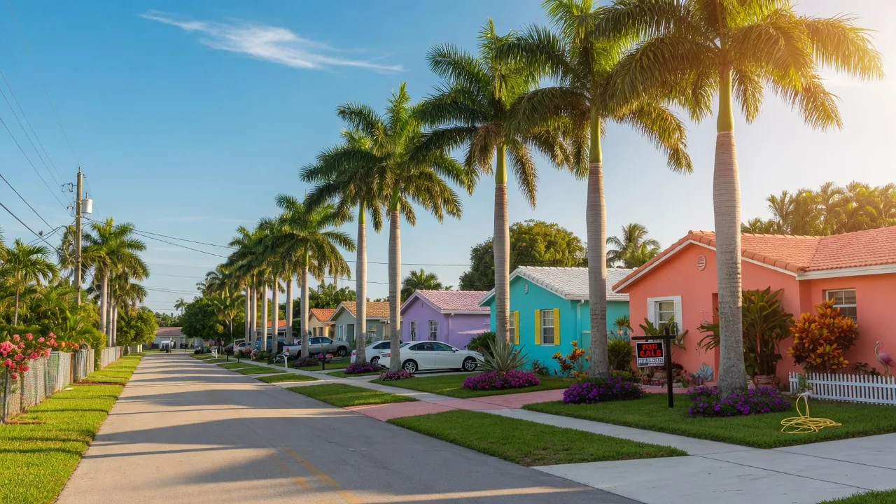 South Florida neighborhood with palm trees and for sale sign