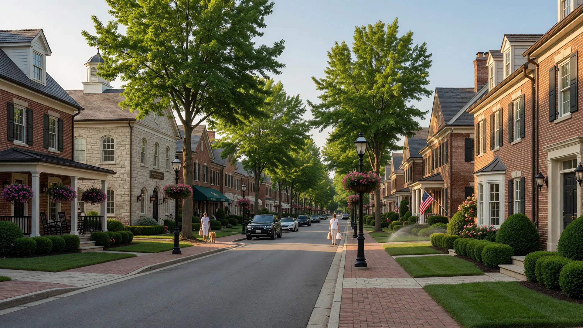 Upscale New Albany Village town center with brick and stone traditional homes, manicured landscaping, and tree-lined streets