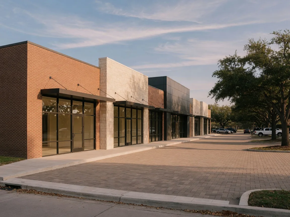 A contemporary brick-and-glass commercial building in a Houston suburb