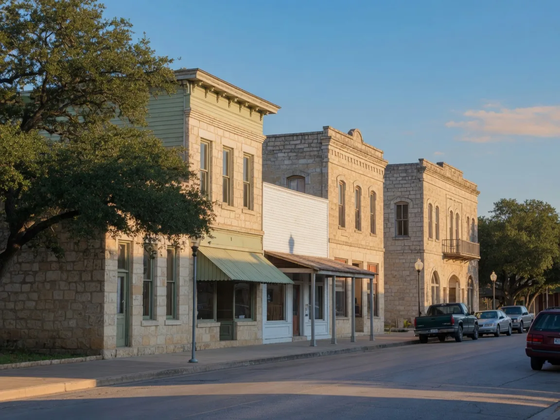 Historic downtown Boerne main street lined with limestone and clapboard storefronts, live oaks shading the sidewalk in warm late-afternoon light