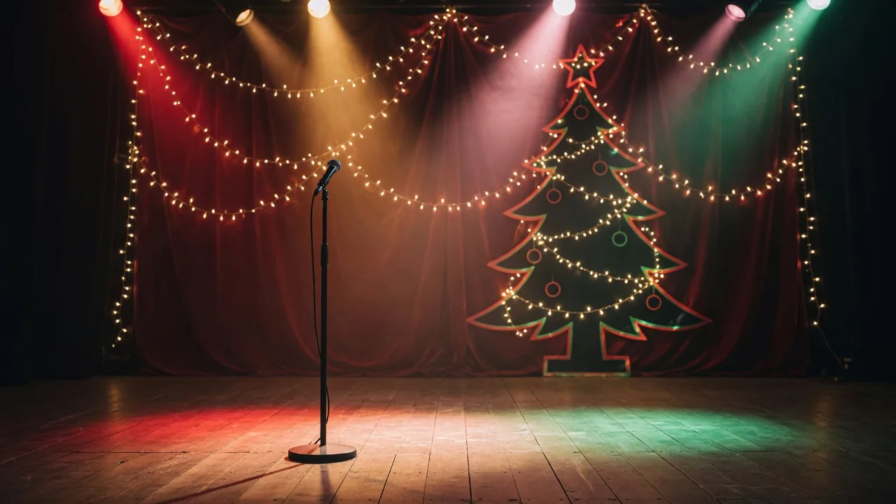 Comedy club stage decorated with Christmas lights and a tree silhouette behind a microphone stand
