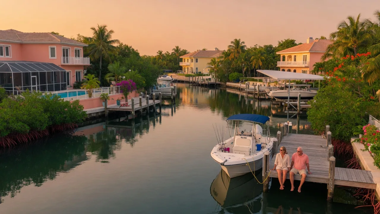 Quiet canal in Key Largo at golden hour lined with luxury waterfront homes, each with private docks and boats, a couple sitting on a dock with a center-console fishing boat nearby and tropical landscaping