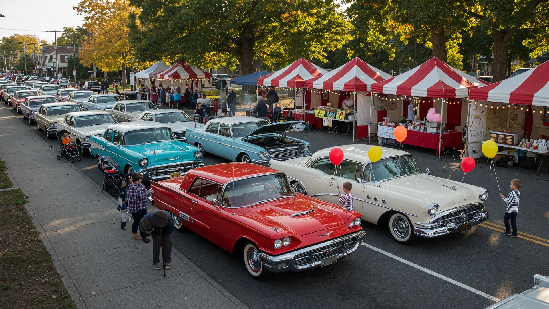Classic cars lined up along Easton Road in Roslyn during the fall festival with families strolling between vintage automobiles and red-and-white vendor tents under mature shade trees in warm September light