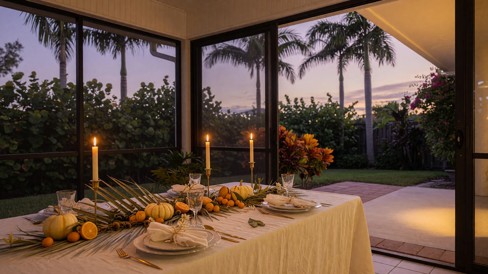 An elegant Thanksgiving table set on a screened Florida lanai at dusk, with cream linen, gold-rimmed place settings, a centerpiece of white pumpkins, citrus, and palm fronds, and glowing candles