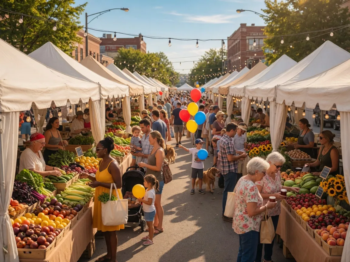 Families and neighbors gathering at a warm community farmers market in Kansas City