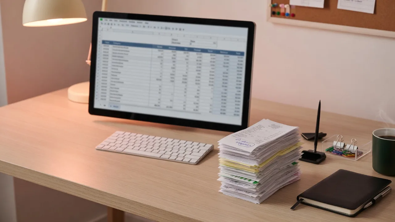 A spreadsheet on a computer screen next to organized receipts