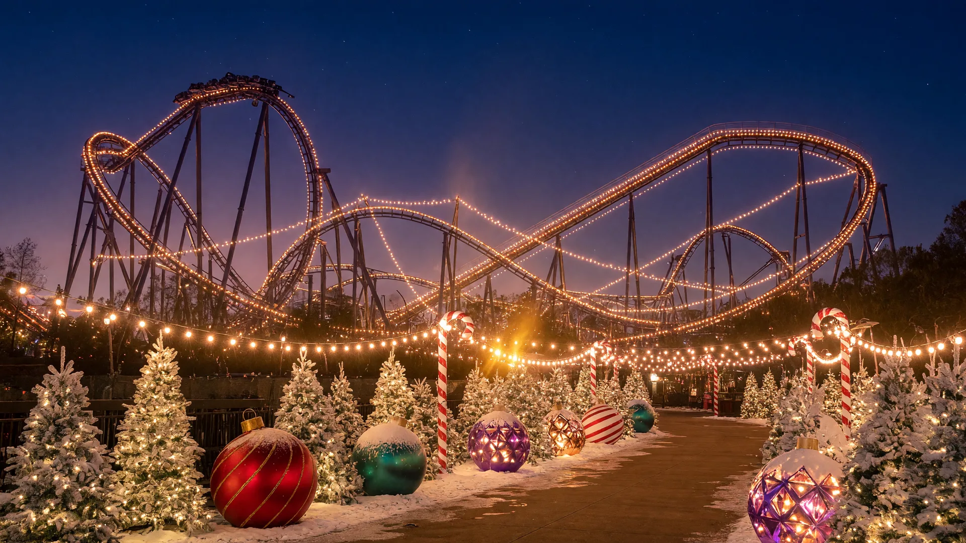 A winter wonderland at a theme park at night with millions of warm lights strung between roller coaster tracks and glowing ornaments