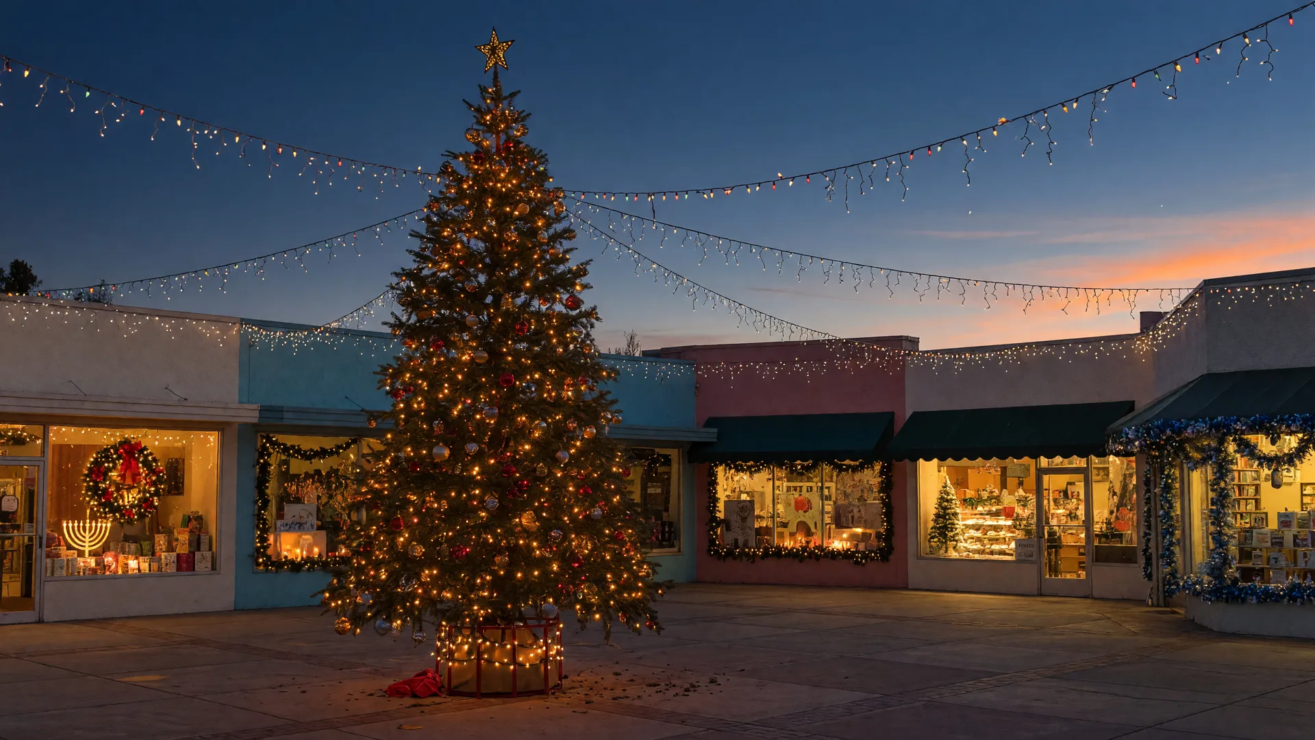 A small-town California shopping plaza at dusk with a warmly glowing decorated Christmas tree, lit holiday storefront displays, and string lights overhead