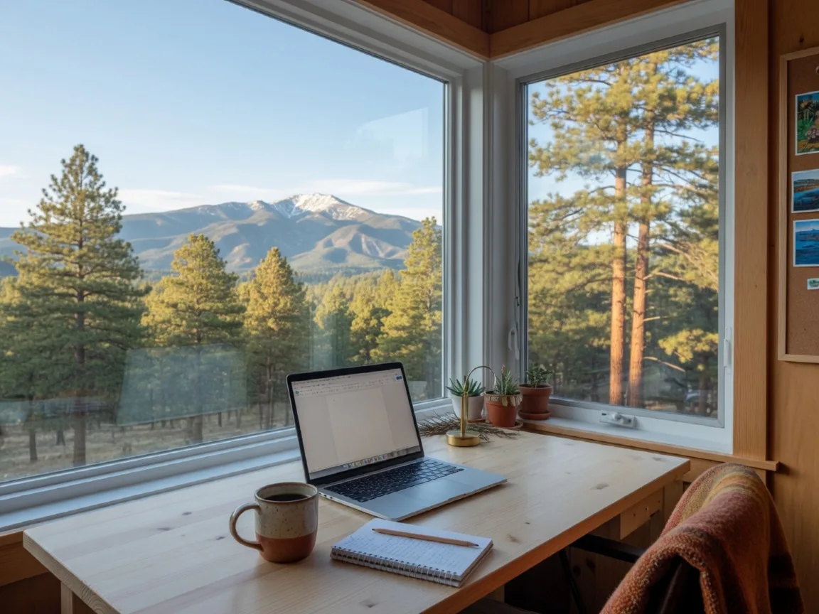 A bright home office in a Flagstaff mountain home, laptop and coffee on a wooden desk beside a window framing ponderosa pines and the San Francisco Peaks