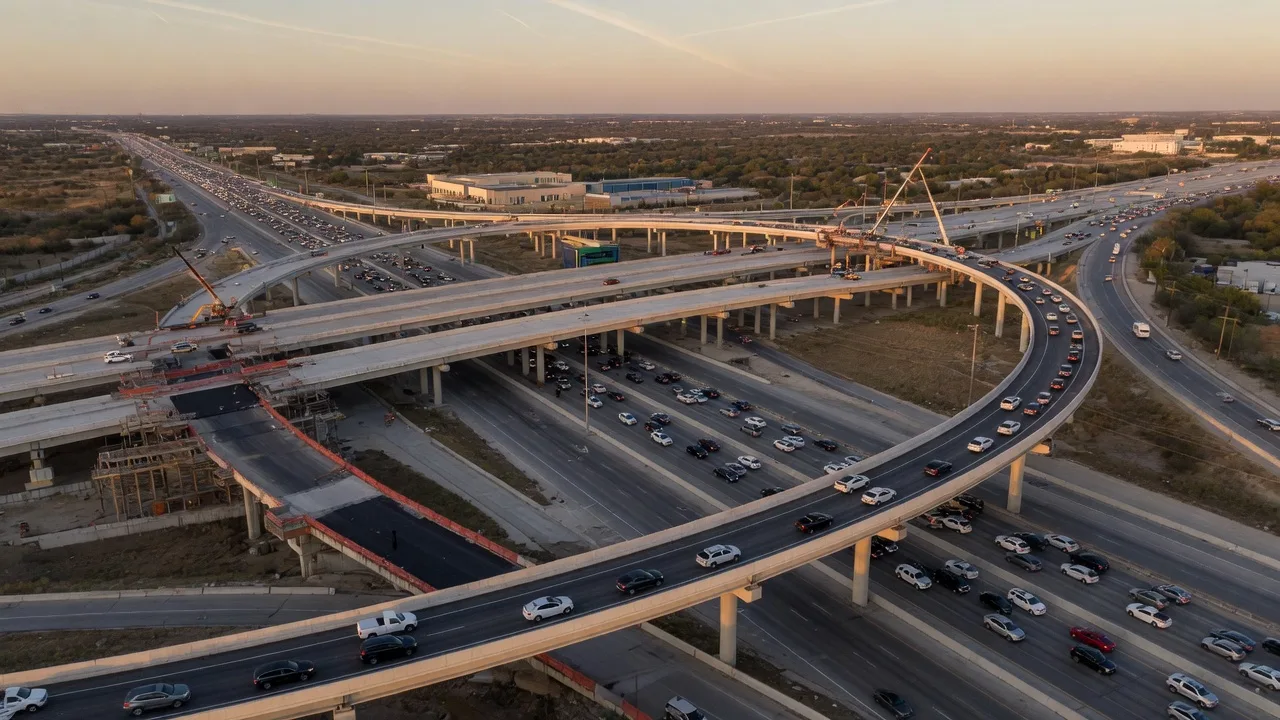 Loop 1604 and I-10 five-level stack interchange with flyover ramps in San Antonio, Texas.
