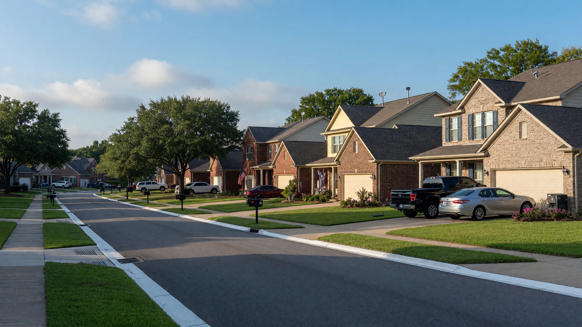 A quiet residential street in a Texas master-planned community like Morton Ranch, Katy, on a clear morning