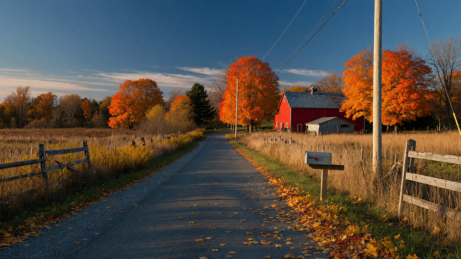 A quiet rural lane in Kawartha Lakes country in late autumn with maple colour and a distant farm outbuilding